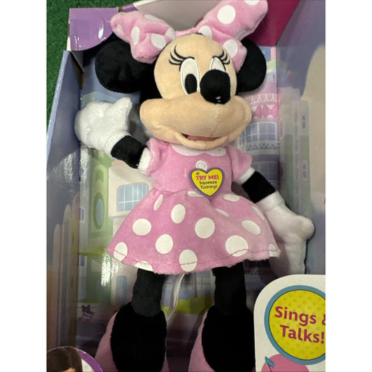 Plush Disney Minnie Mouse Happy Helpers 12 inch singing doll wearing pink polka dot dress and bow in box