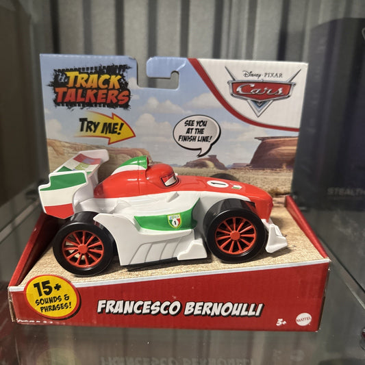 Disney Pixar Cars Francesco Bernoulli Track Talkers action figure with 15 sounds and phrases in box with racing background