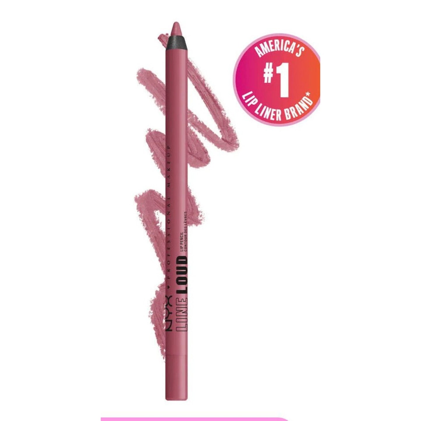 Mauve pink lip liner pencil with the brand name printed on the side, displayed with a textured squiggly swatch behind it and a circular badge highlighting its top ranking in America.
