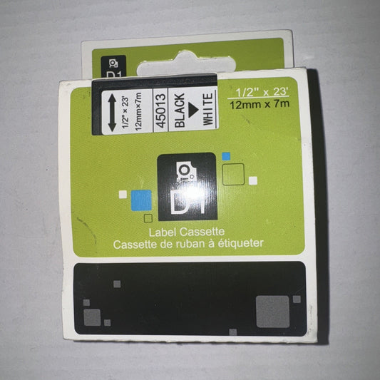 Dymo 45013 black on white 0.5 inch by 23 ft D1 label cassette tape cartridge packaging front view