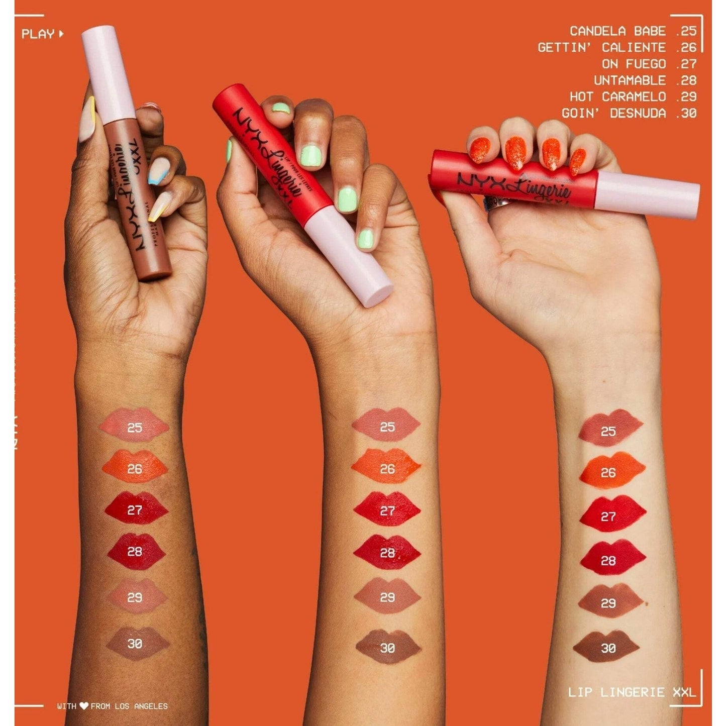 Three arms of different skin tones display swatches of six lip colors ranging from nude to deep red, each arm holding a matching lip stain or lip tint tube against an orange background.