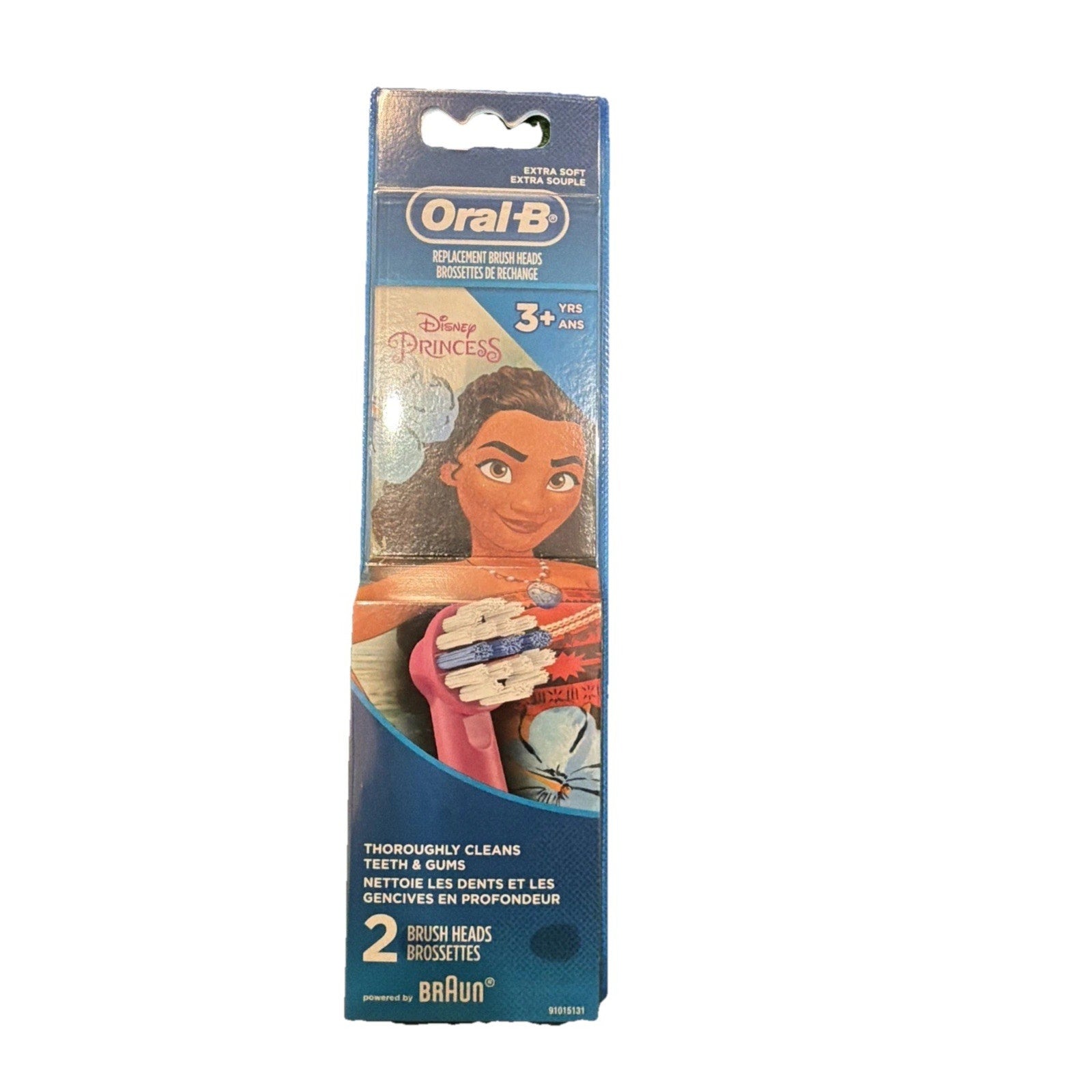 Packaging of Oral-B replacement brush heads for children ages 3 and up, featuring a Disney Princess design with an animated character and two brush heads visible through a clear window.