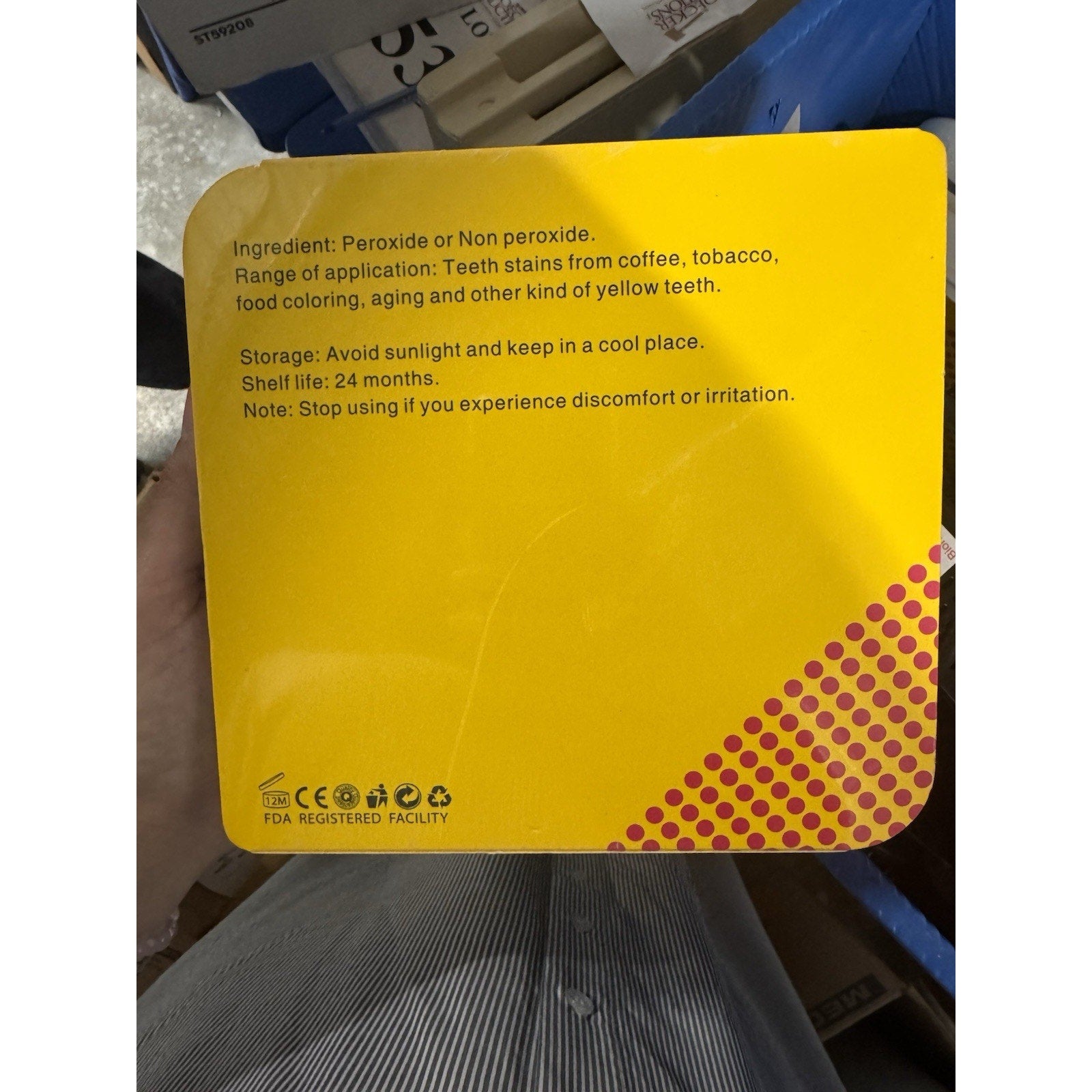 Luxsmile Smart Teeth Whitening Kit packaging showing usage instructions and storage details on yellow background
