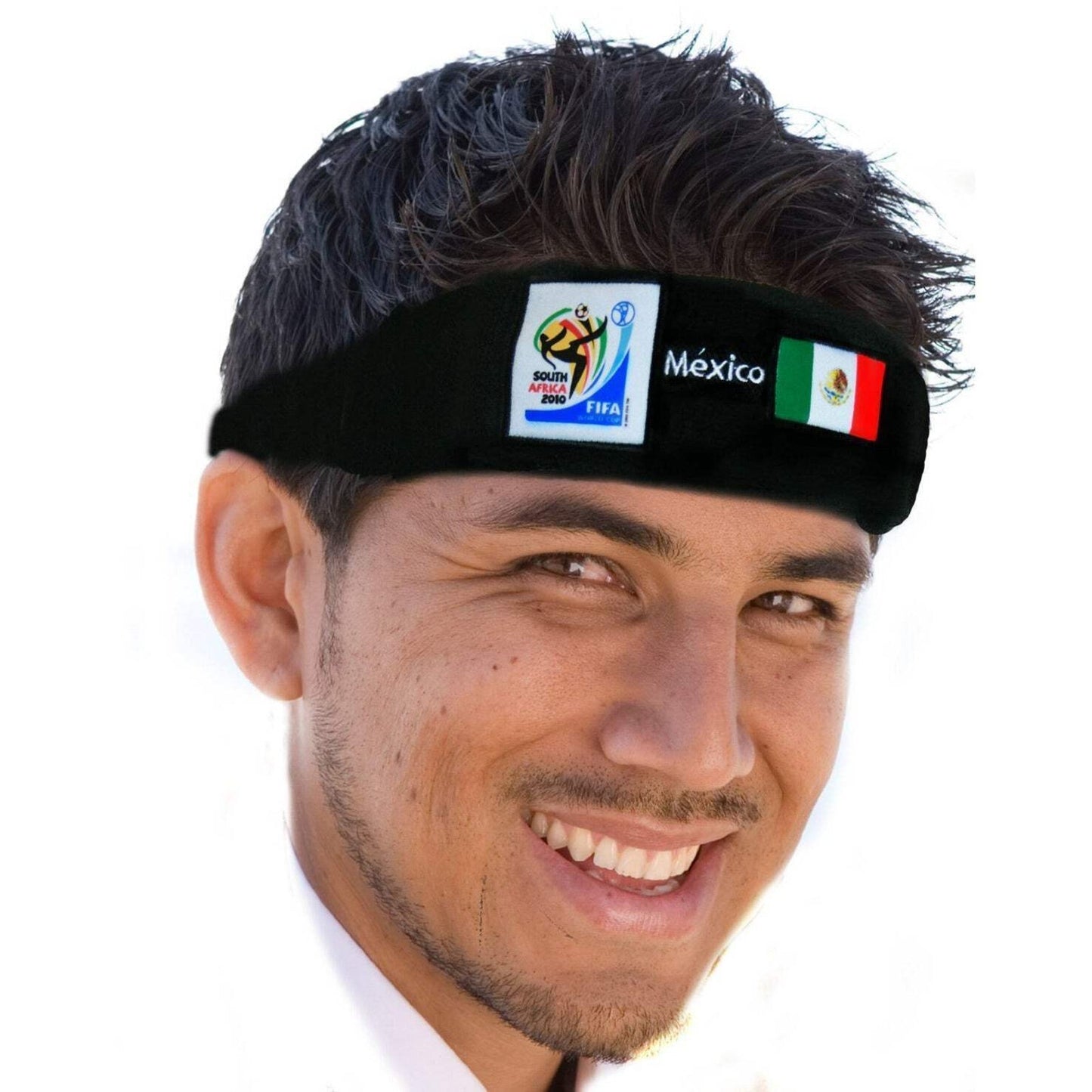 Smiling man wearing a black headband featuring the 2010 FIFA World Cup South Africa logo, the Mexico flag, and the word "México" on a white background.