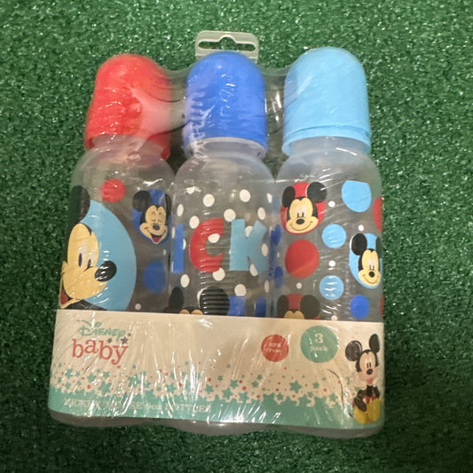 Set of three Disney Mickey Mouse baby bottles 260ml each with colorful polka dot design and red, blue, light blue caps