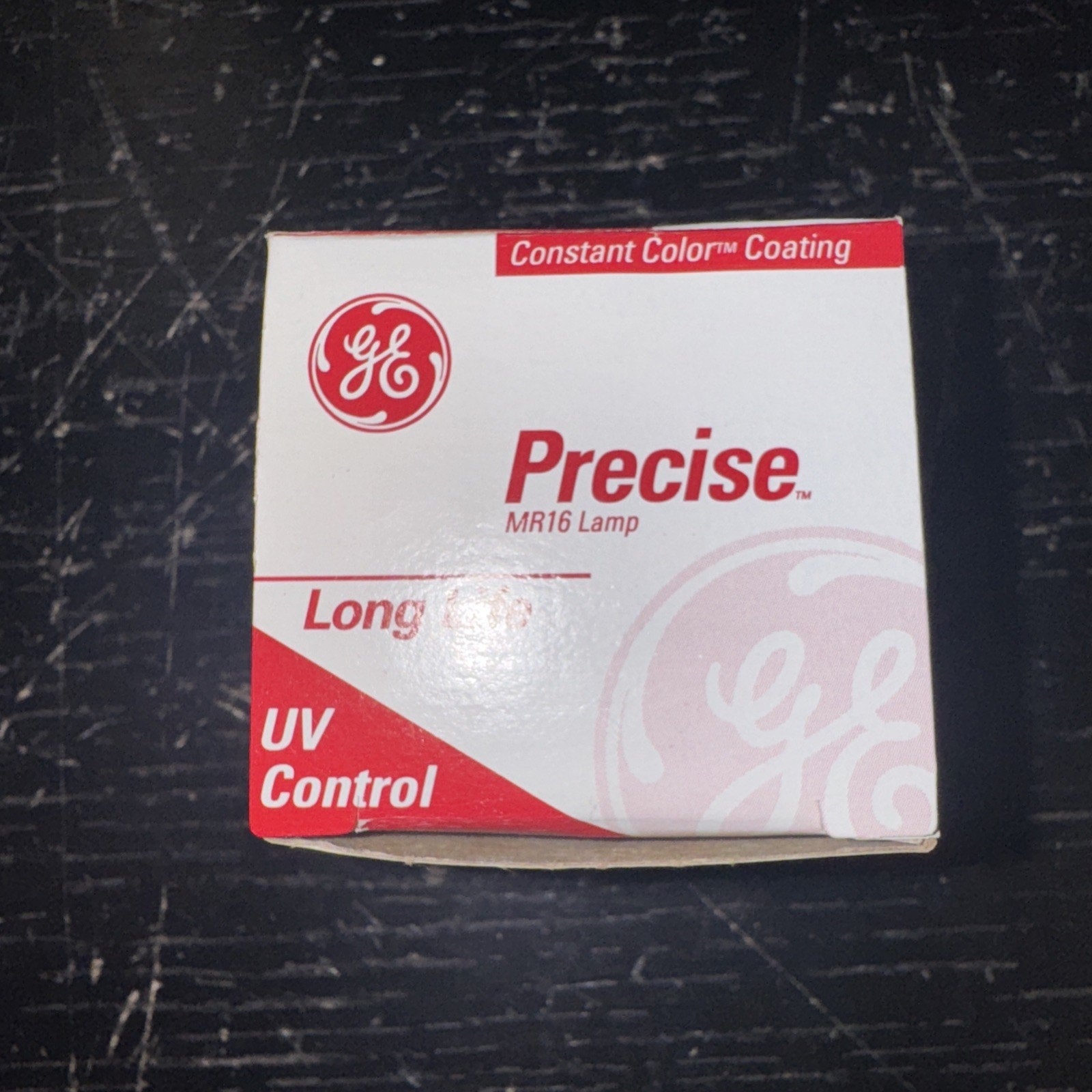 General Electric Precise MR16 lamp bulb box with UV control and constant color coating in white and red design