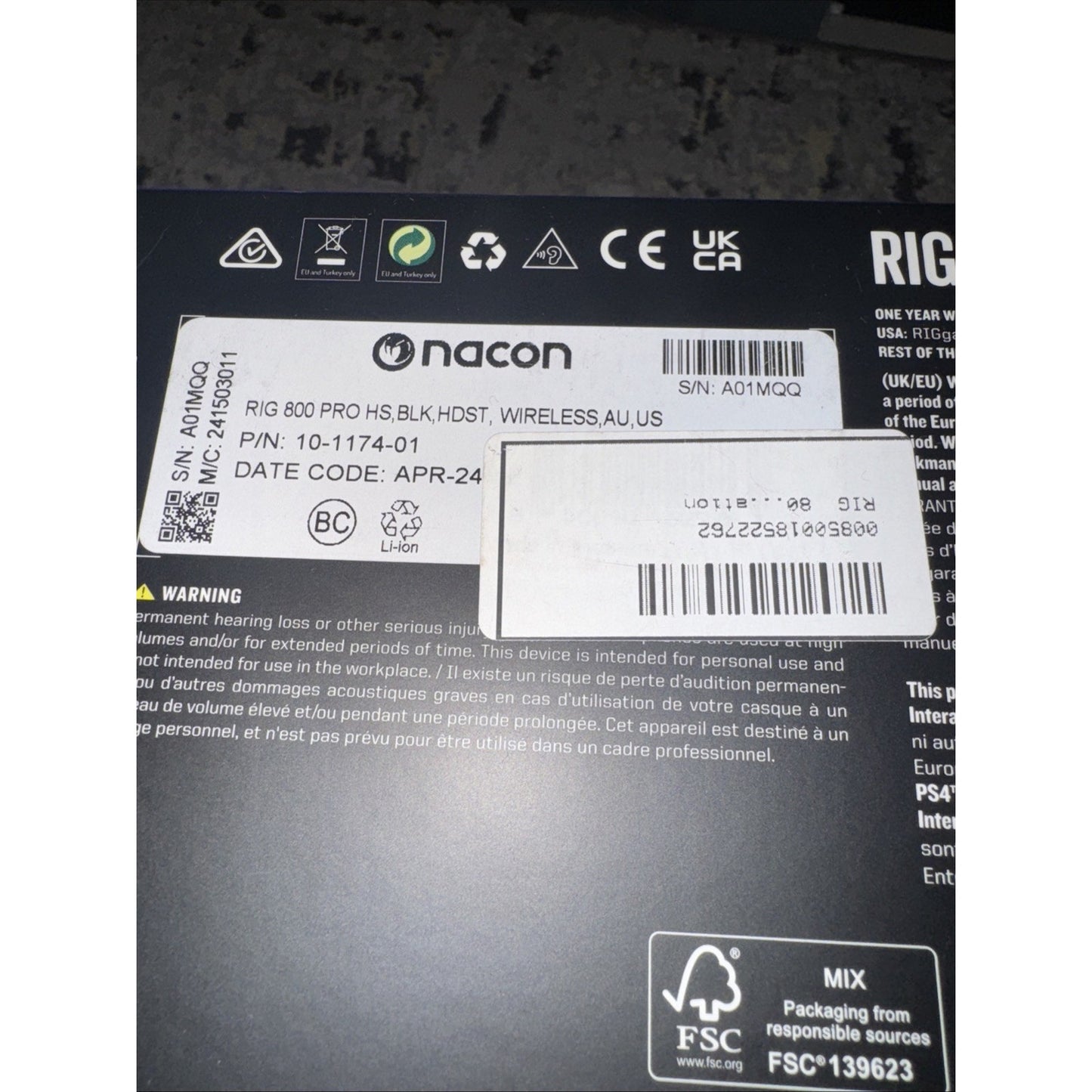 Close-up of RIG 800 Pro HS Wireless Gaming Headset box label showing model, serial number, and certification logos