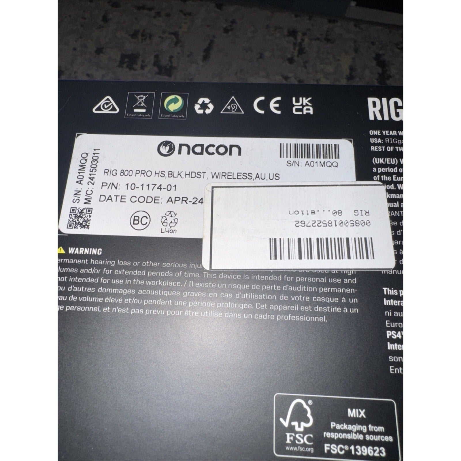 Close-up of RIG 800 Pro HS Wireless Gaming Headset box label showing model, serial number, and certification logos