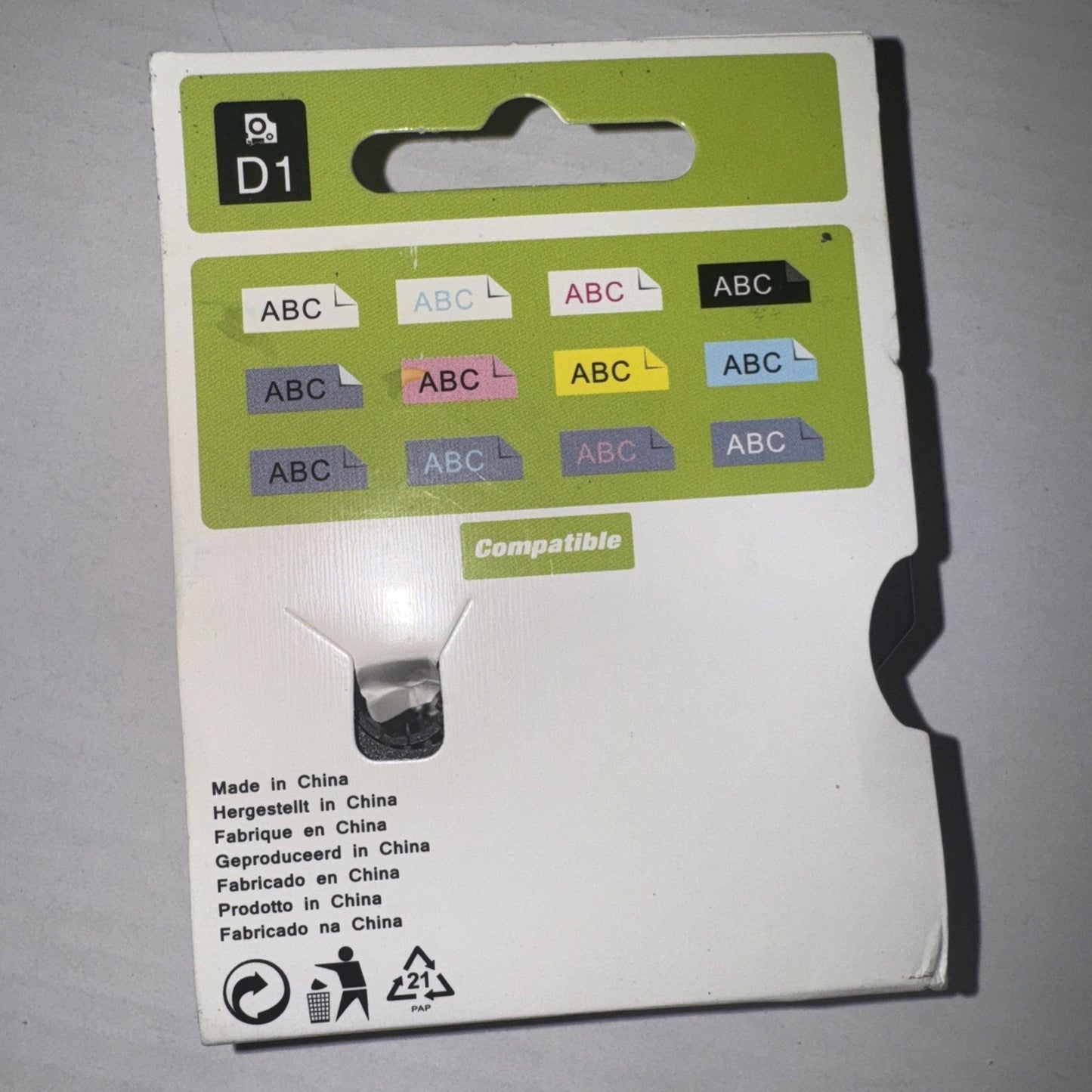 Dymo 45013 D1 label tape cartridge packaging showing color samples and compatibility information on white backing