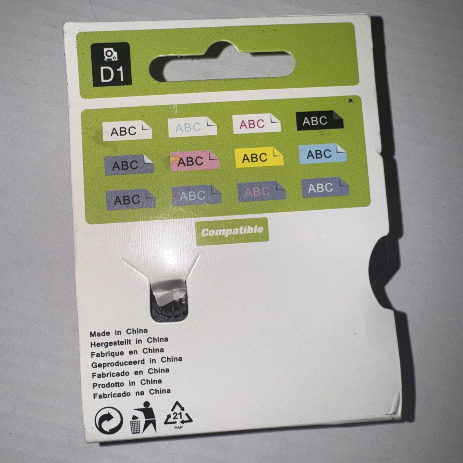 Dymo 45013 D1 label tape cartridge packaging showing color samples and compatibility information on white backing
