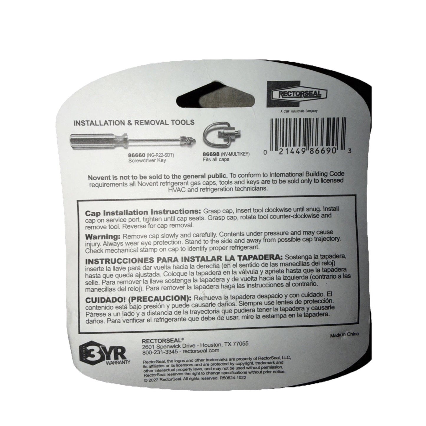 White rectangular product packaging card with printed instructions and warnings for installation and removal tools, showing a barcode, product numbers, and company contact information.