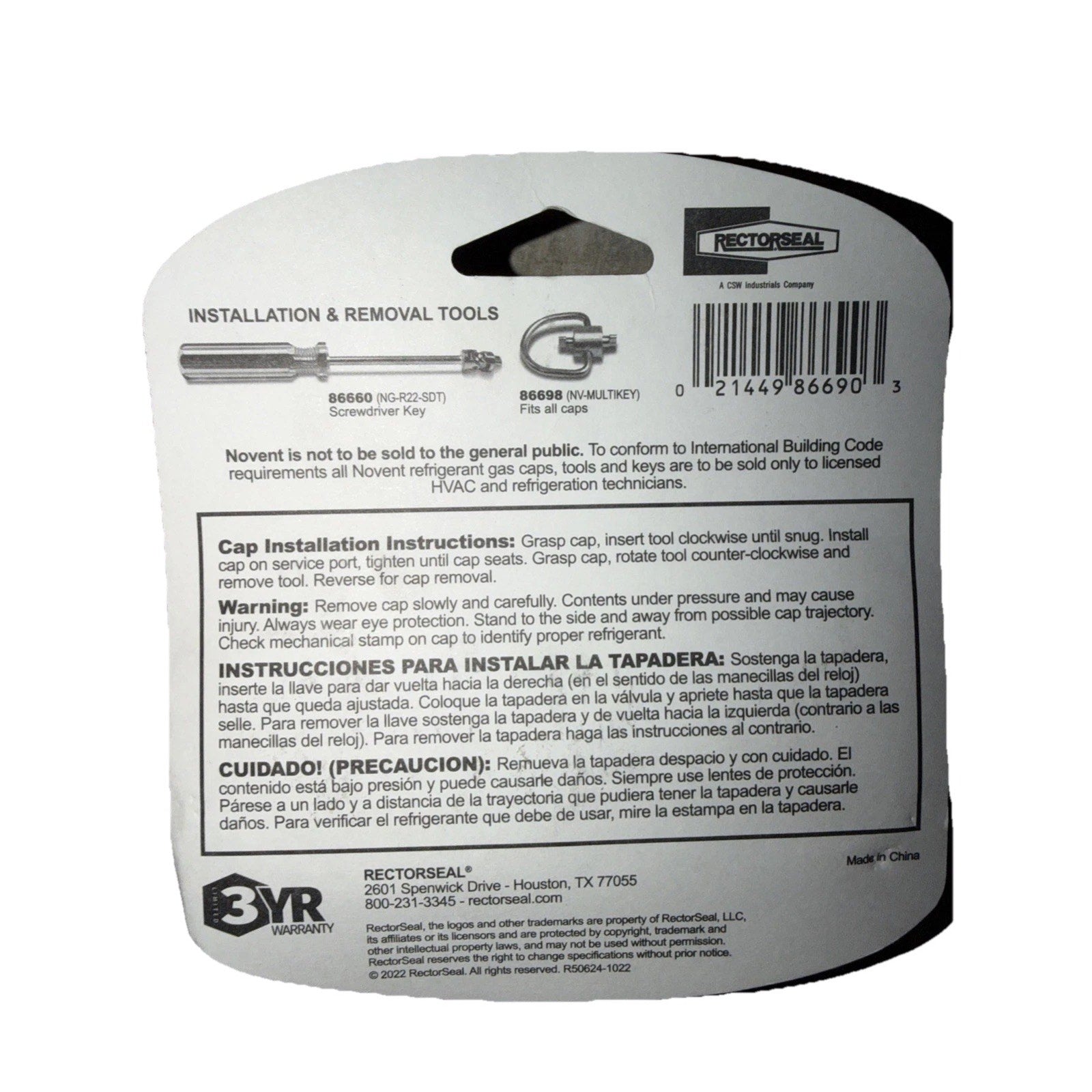 White rectangular product packaging card with printed instructions and warnings for installation and removal tools, showing a barcode, product numbers, and company contact information.
