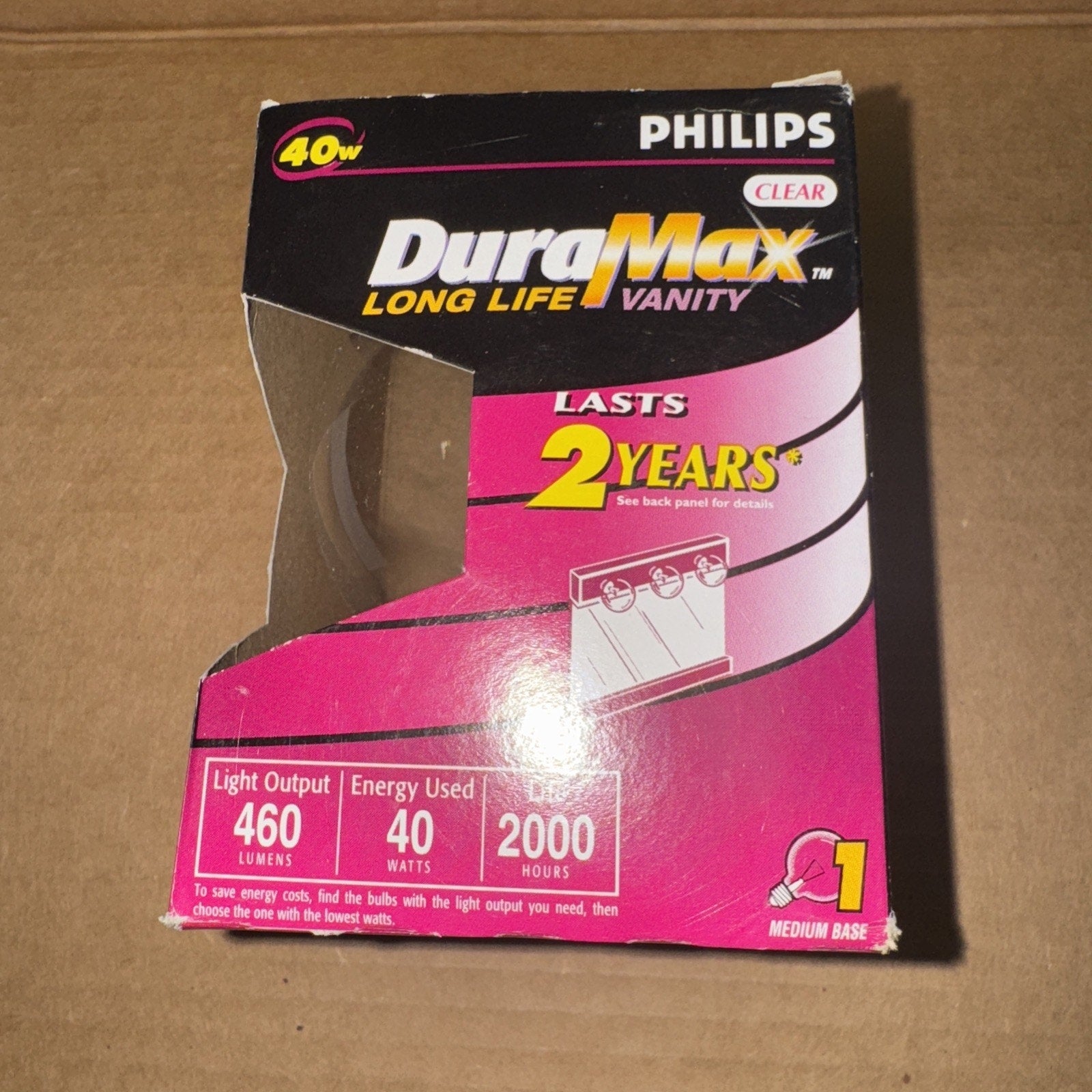Philips DuraMax Long Life 40 Watt Clear Vanity Light bulb box with medium base and 460 lumens output