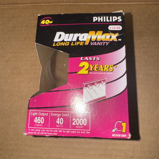 Philips DuraMax Long Life 40 Watt Clear Vanity Light bulb box with medium base and 460 lumens output