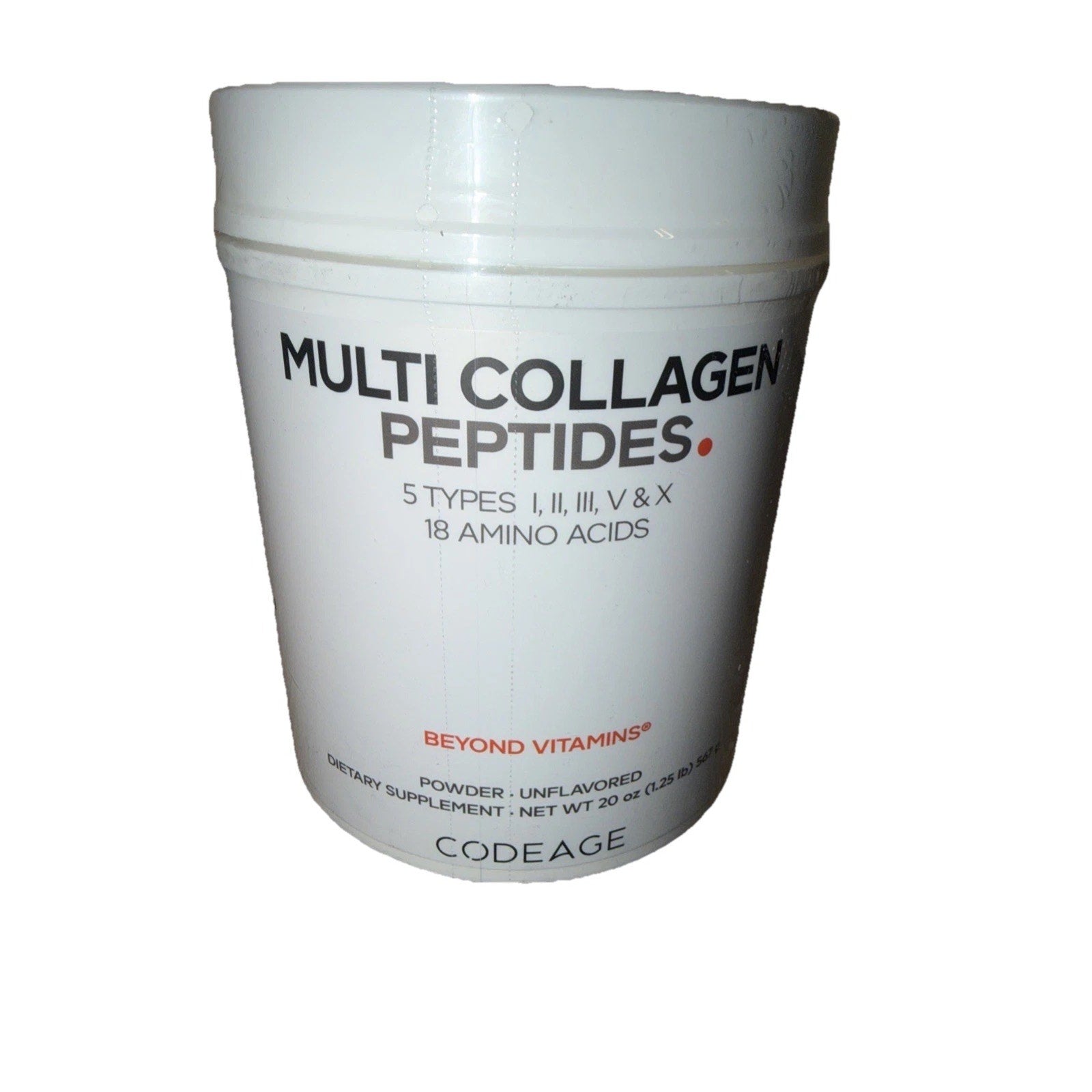 White container of multi collagen peptides powder dietary supplement, featuring text highlighting five types of collagen and 18 amino acids on the front label.