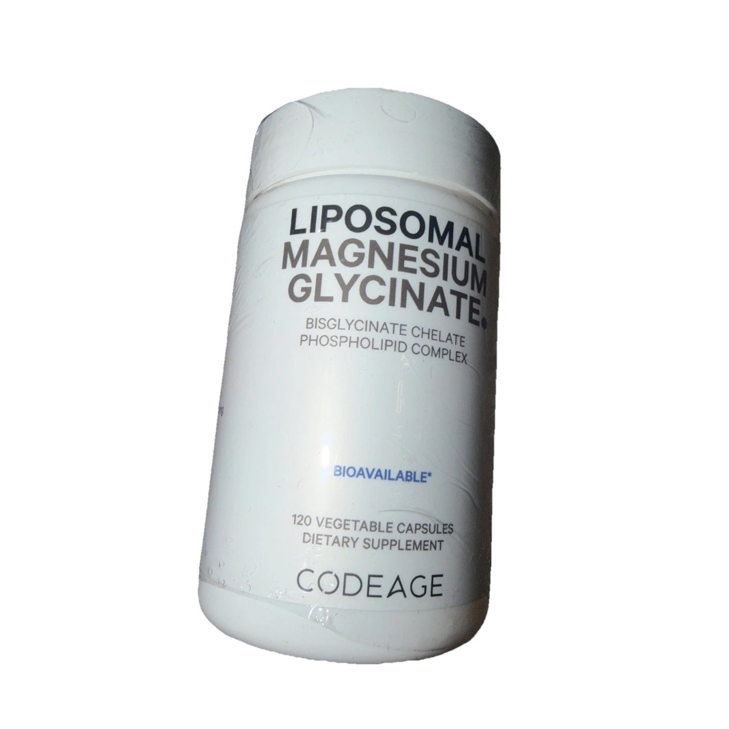 White plastic bottle of dietary supplement labeled Liposomal Magnesium Glycinate with 120 vegetable capsules by Codeage, shown against a plain background.
