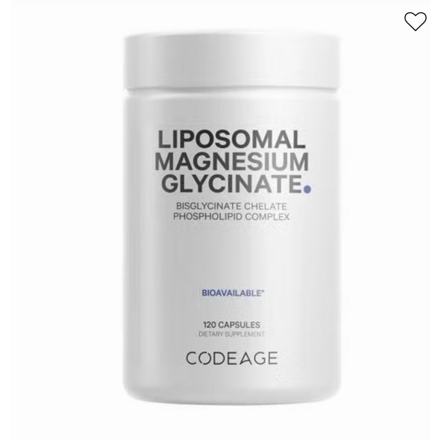 White plastic container of dietary supplement labeled Liposomal Magnesium Glycinate with 120 capsules and brand name Codeage on a plain white background.