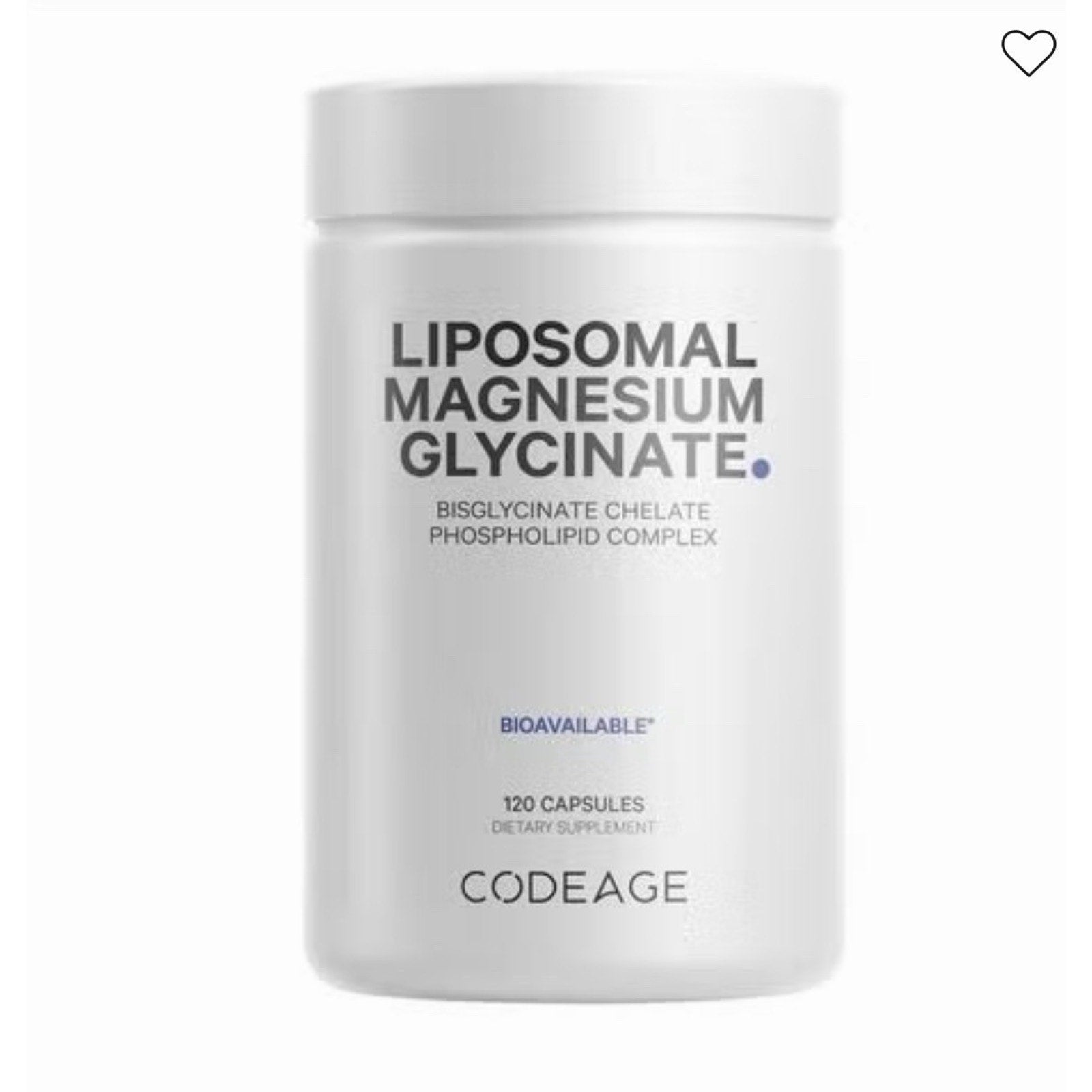 White plastic container of dietary supplement labeled Liposomal Magnesium Glycinate with 120 capsules and brand name Codeage on a plain white background.