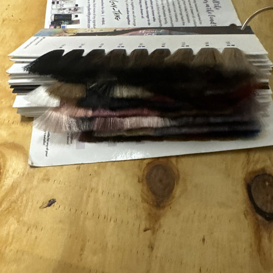 Guy Tang Mydentity Color Catalog showing hair color swatches attached to ring on wooden table