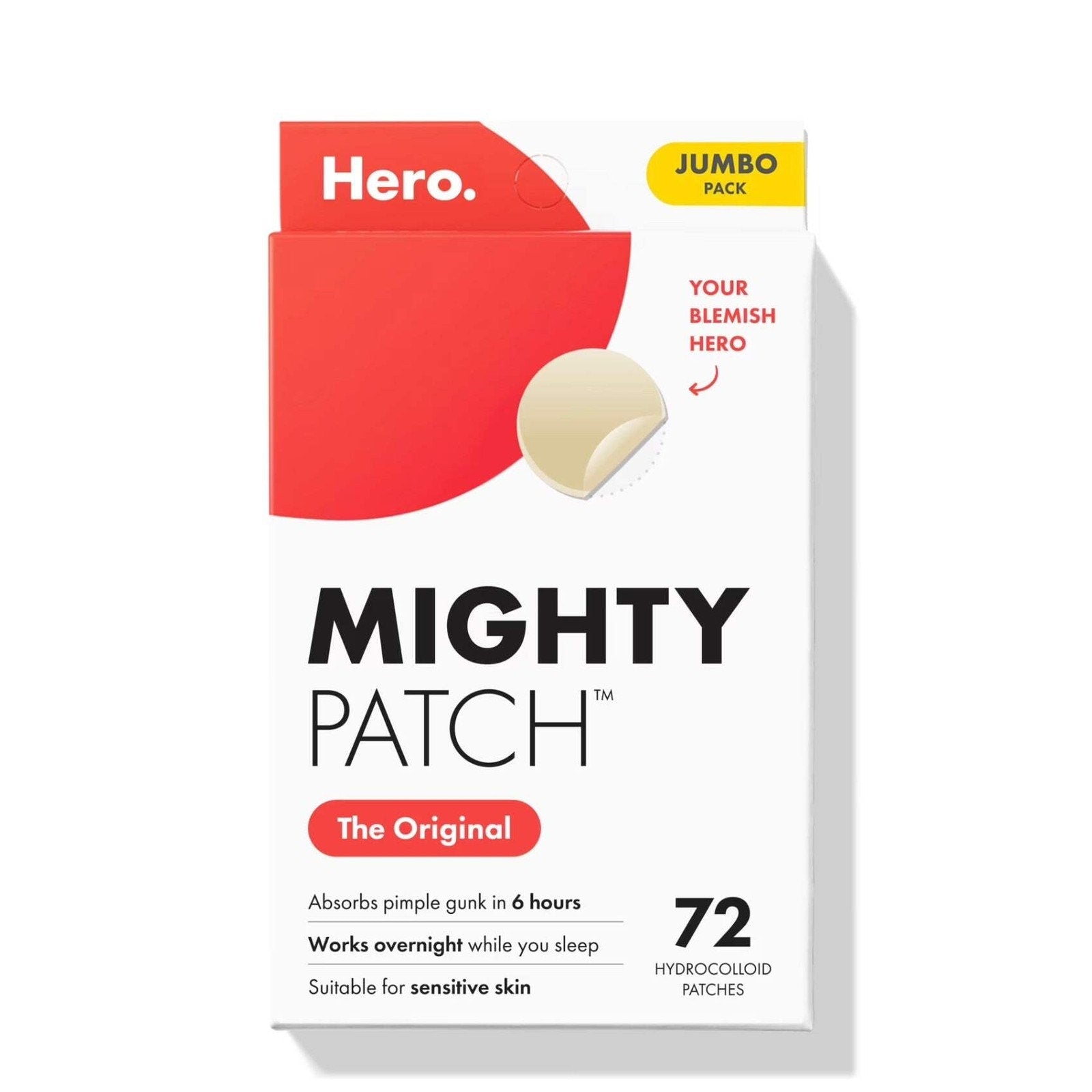 White and red rectangular box of Mighty Patch hydrocolloid acne patches with a yellow label indicating "Jumbo Pack," showing one patch lifting to reveal clear adhesive beneath, and text highlighting absorption in six hours and suitability for sensitive skin.