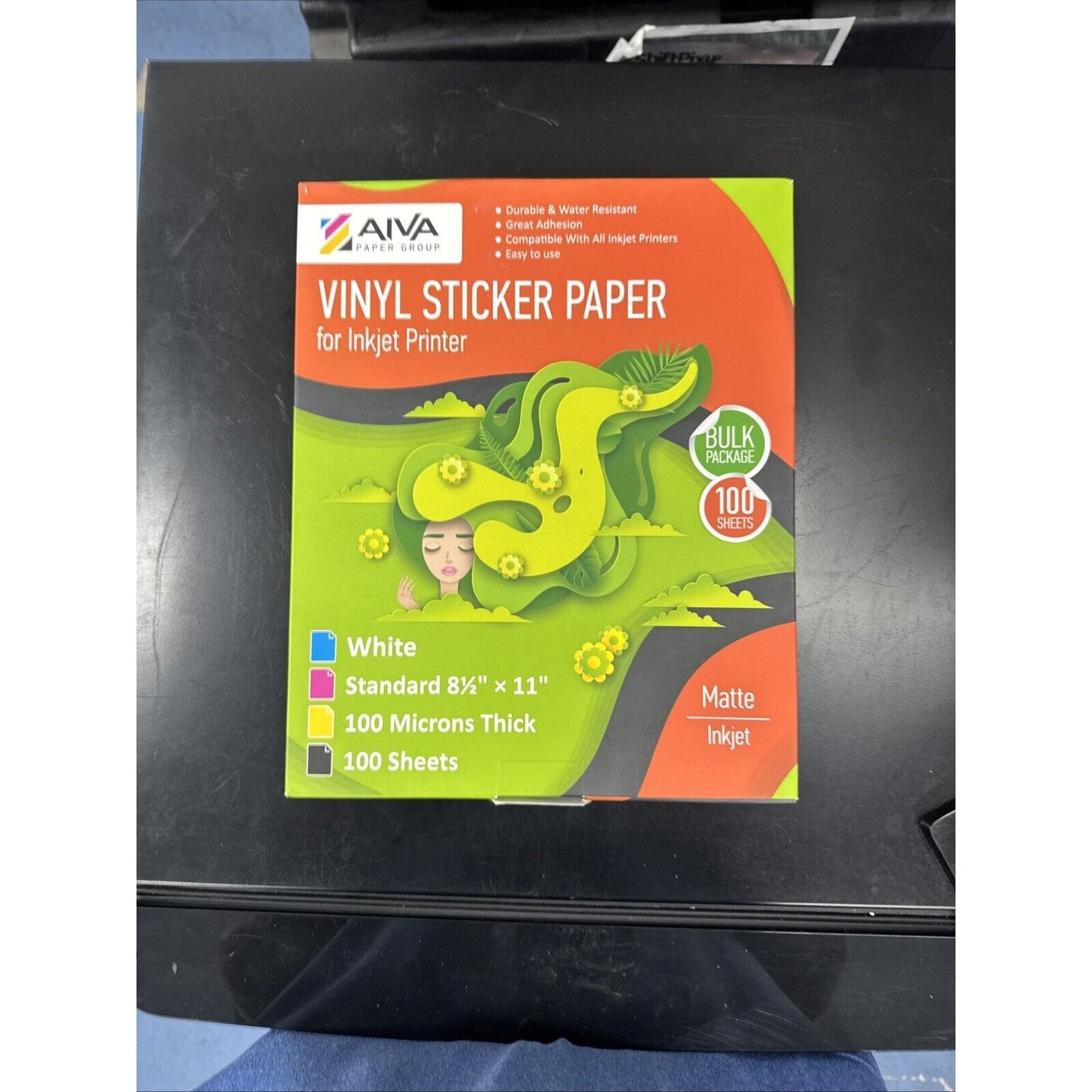 AIVA brand vinyl sticker paper for inkjet printers with matte white finish 100 sheets 8.5 x 11 inches thick microns