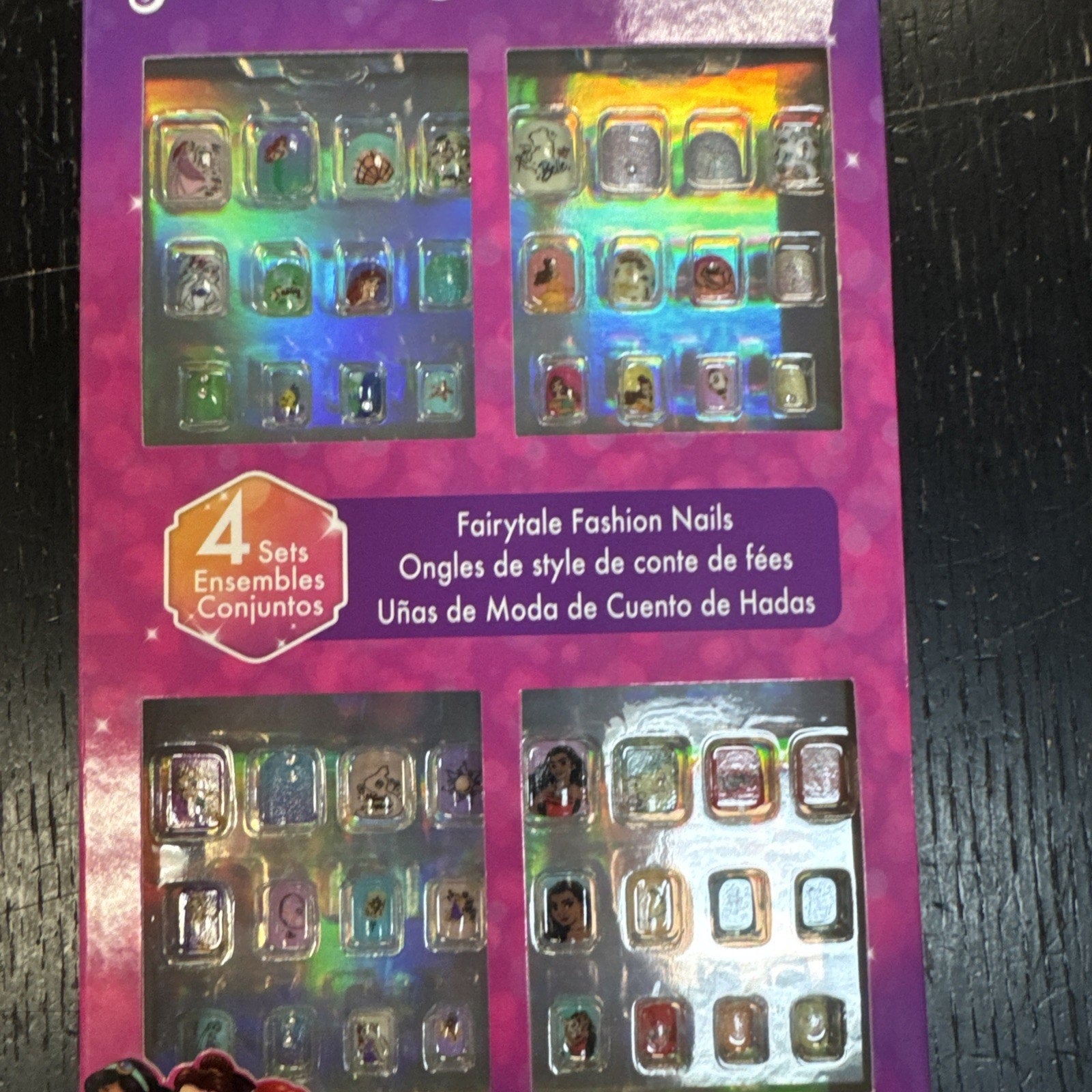 Girl Disney Princess 48PCS press-on nails set showing four different themed full cover designs with fairy tale characters