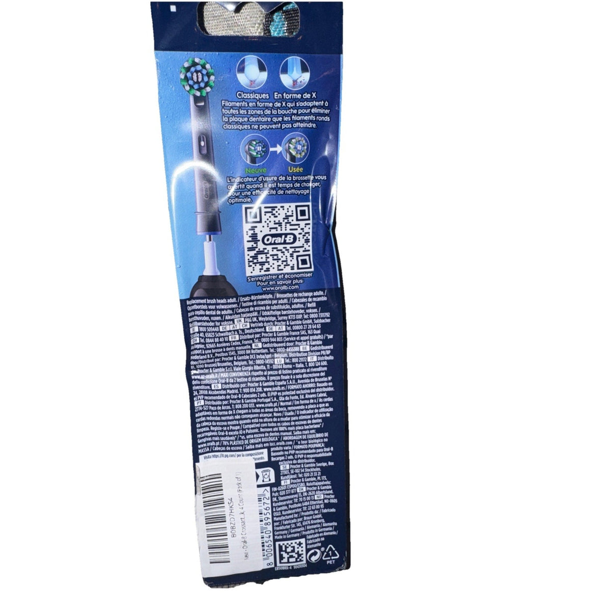 Oral-B Cross Action Clean Maximizer 4-pack replacement toothbrush heads packaging with product details and QR code on back