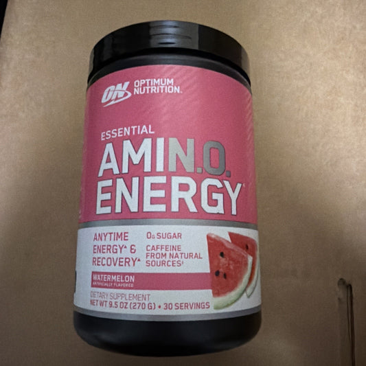 Black plastic container of Optimum Nutrition Essential Amin.O. Energy dietary supplement in watermelon flavor, featuring natural caffeine sources and zero sugar, 30 servings.