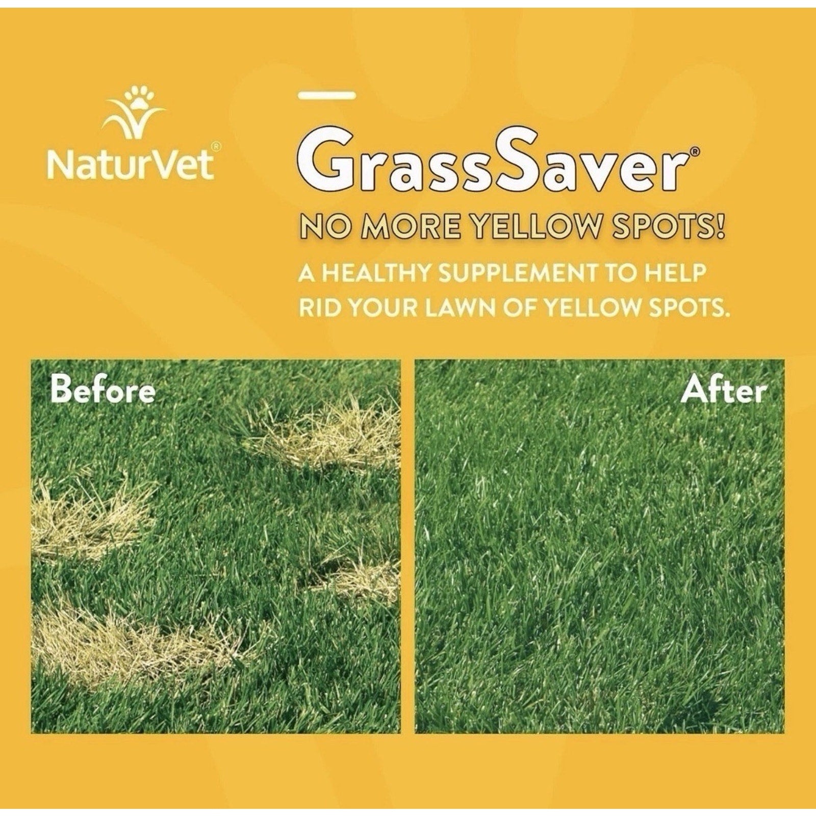 Comparison image showing a patch of lawn with brown and yellow urine spots labeled "Before" on the left, and a healthy, vibrant green lawn labeled "After" on the right, with text promoting a supplement to eliminate yellow spots.