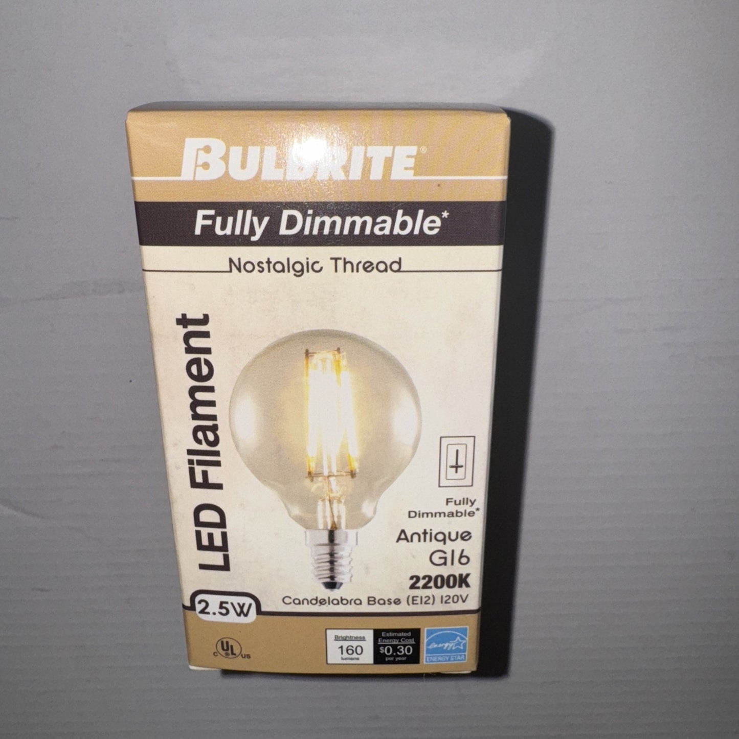Bulbrite LED G16 Globe Filament nostalgic antique bulb with candelabra base 2200K warm light fully dimmable