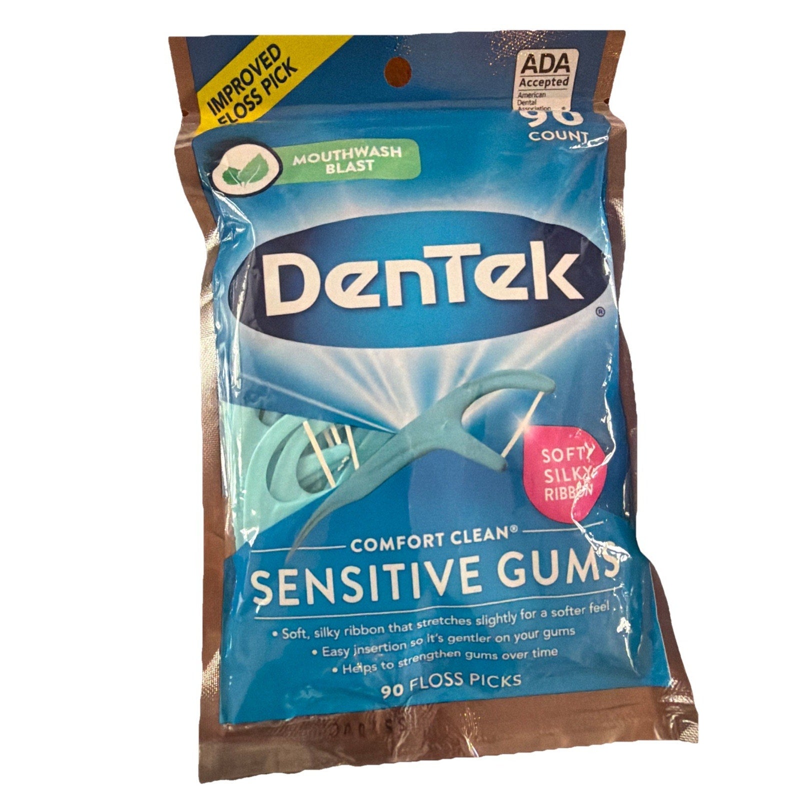 Dentek Sensitive Gums floss picks 90 count package with mouthwash blast and soft silky ribbon floss