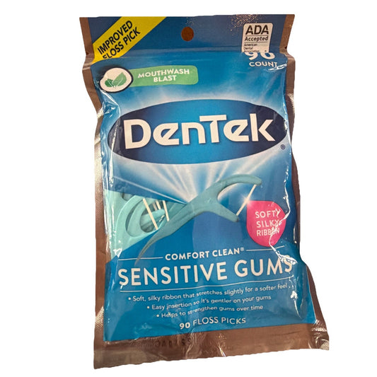 Dentek Sensitive Gums floss picks 90 count package with mouthwash blast and soft silky ribbon floss