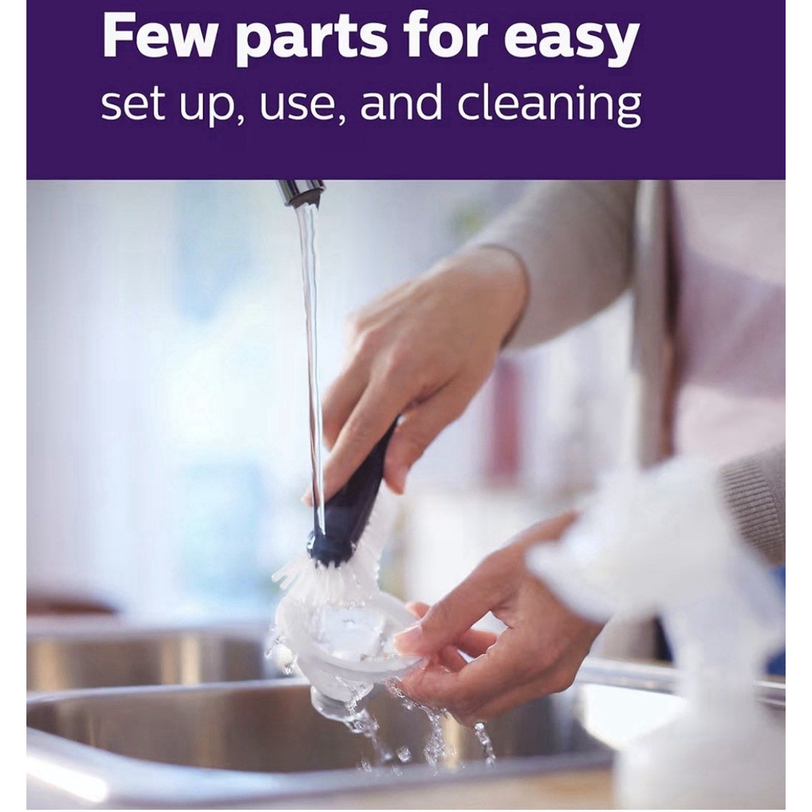 Hands washing a small brush under running water in a kitchen sink with purple text above reading "Few parts for easy set up, use, and cleaning" on a white and purple background.