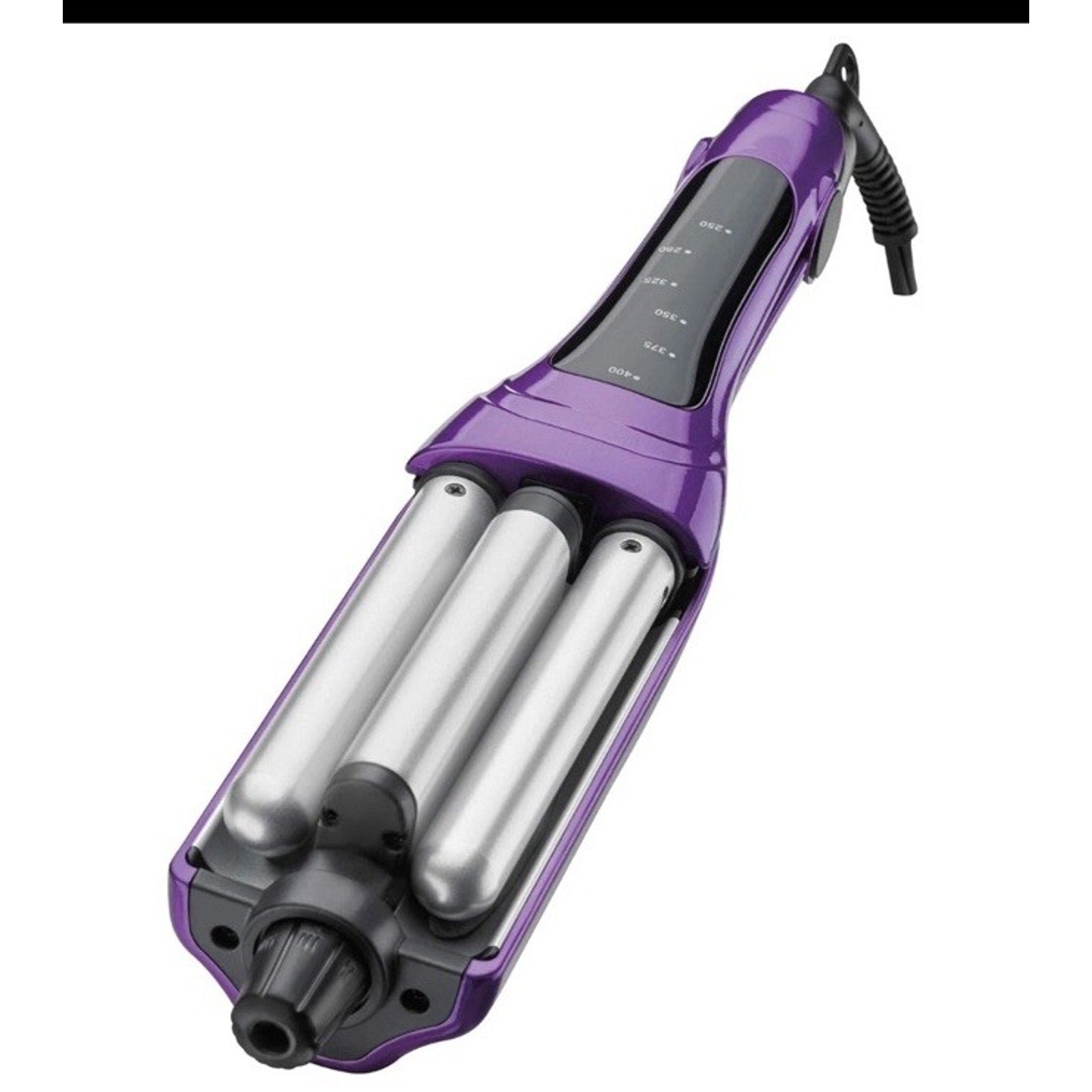 Bed Head A Wave We Go Tourmaline Ceramic Adjustable Hair Waver Iron model BH336 in purple with triple barrels and control panel visible
