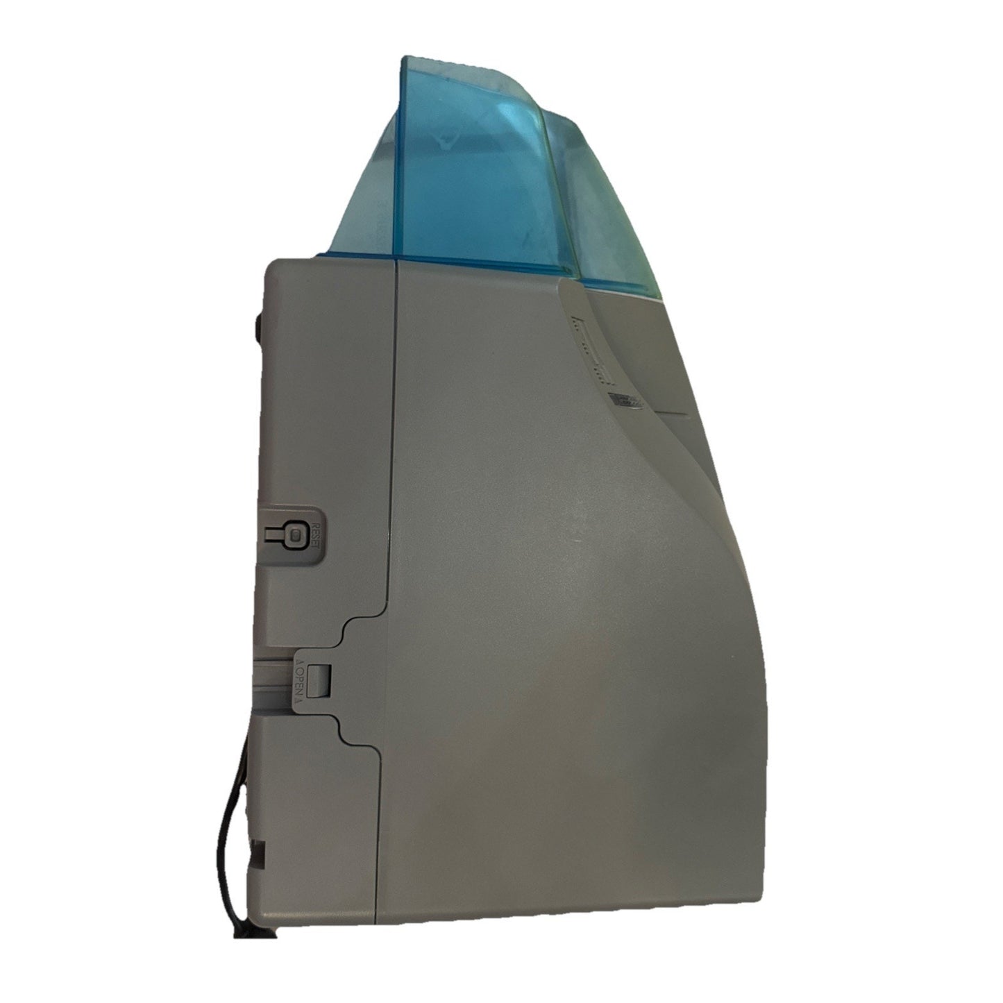 Side view of Digital Check CheXpress 30 CX30 InkJet check scanner with blue transparent tray and gray body