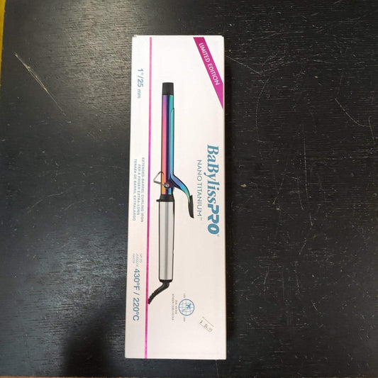 White rectangular box packaging featuring an image of a Babyliss Pro Nano Titanium curling iron with a blue and purple gradient barrel, labeled as a limited edition with heat settings up to 430°F or 220°C.