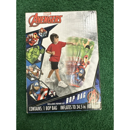 Marvel Avengers 34.5 inch inflatable bop bag with Hulk, Iron Man, and Captain America featuring a child playing with it
