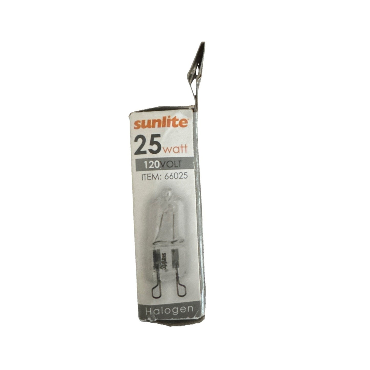 Sunlite 25 watt halogen light bulb in white box with item number 66025 and 120 volt label on packaging