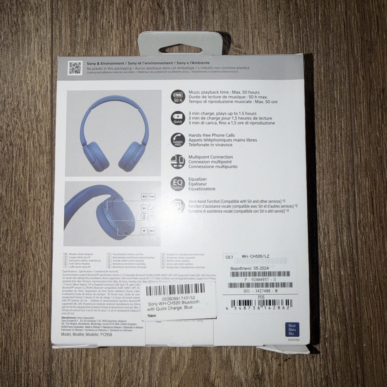 Sony WH-CH520 Wireless On-Ear Headphones, Blue