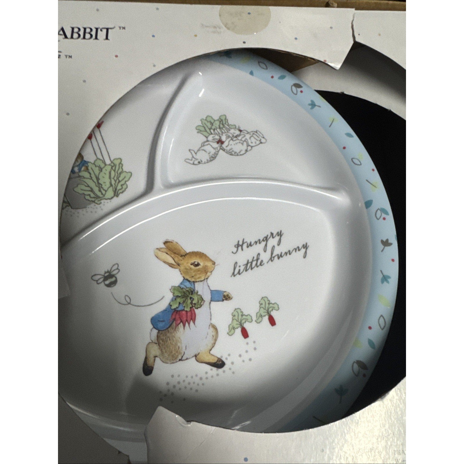 Beatrix Potter Peter Rabbit kids divided dinner plate with Hungry Little Bunny illustration and garden vegetables design