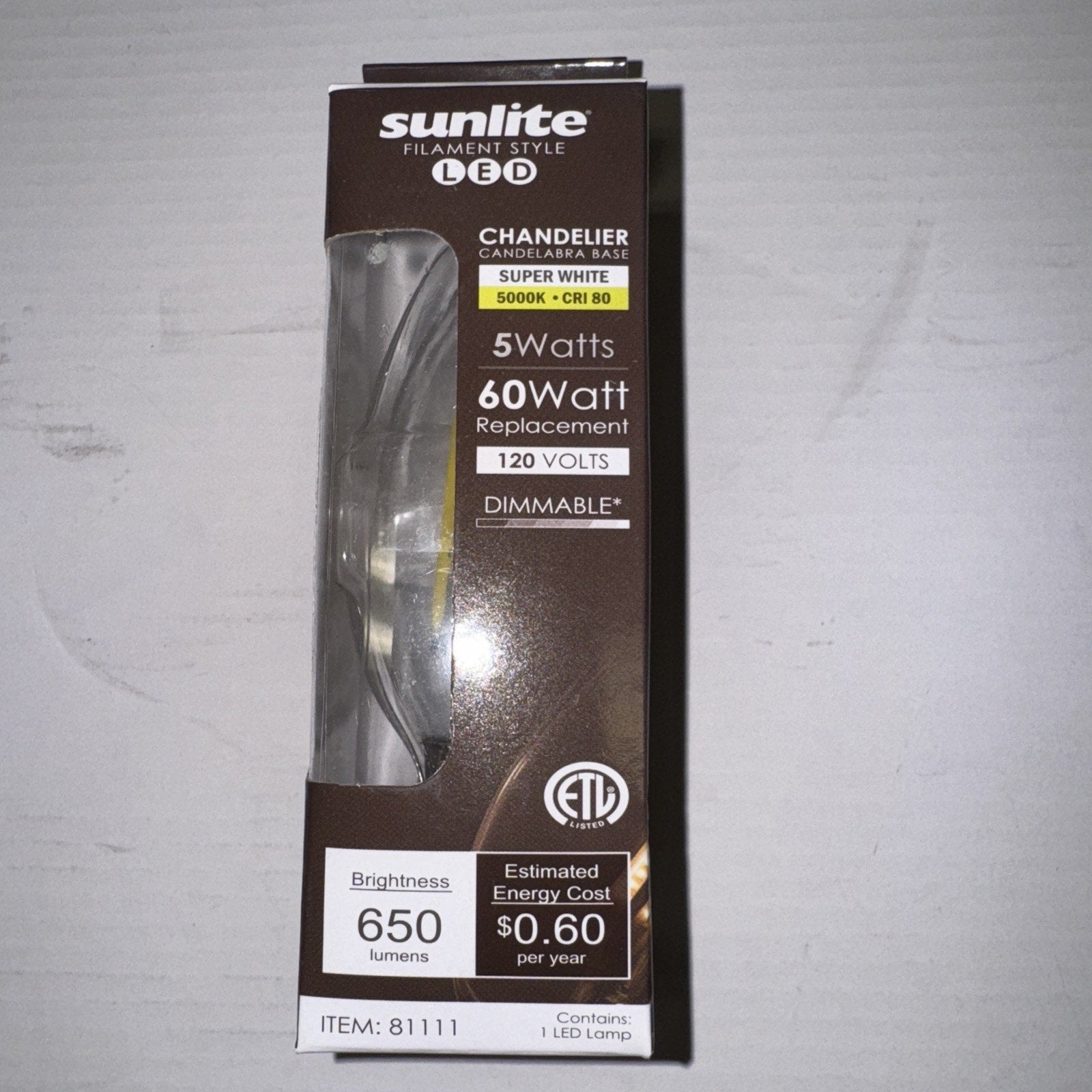 Sunlite Filament Style LED chandelier bulb in box with 5 watts, 650 lumens, 120 volts, and dimmable features