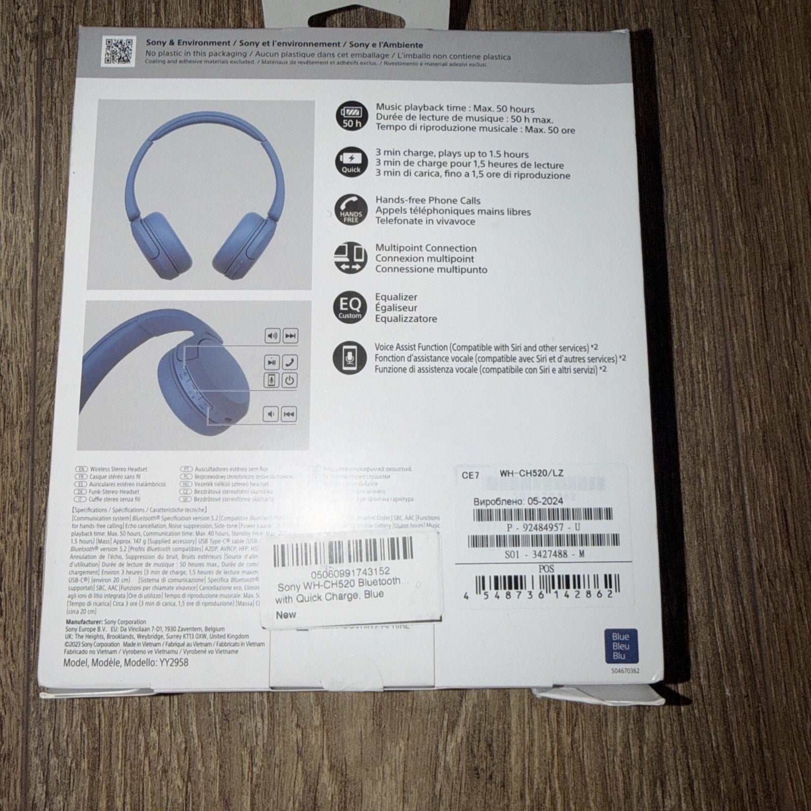 Sony WH-CH520 Wireless On-Ear Headphones, Blue