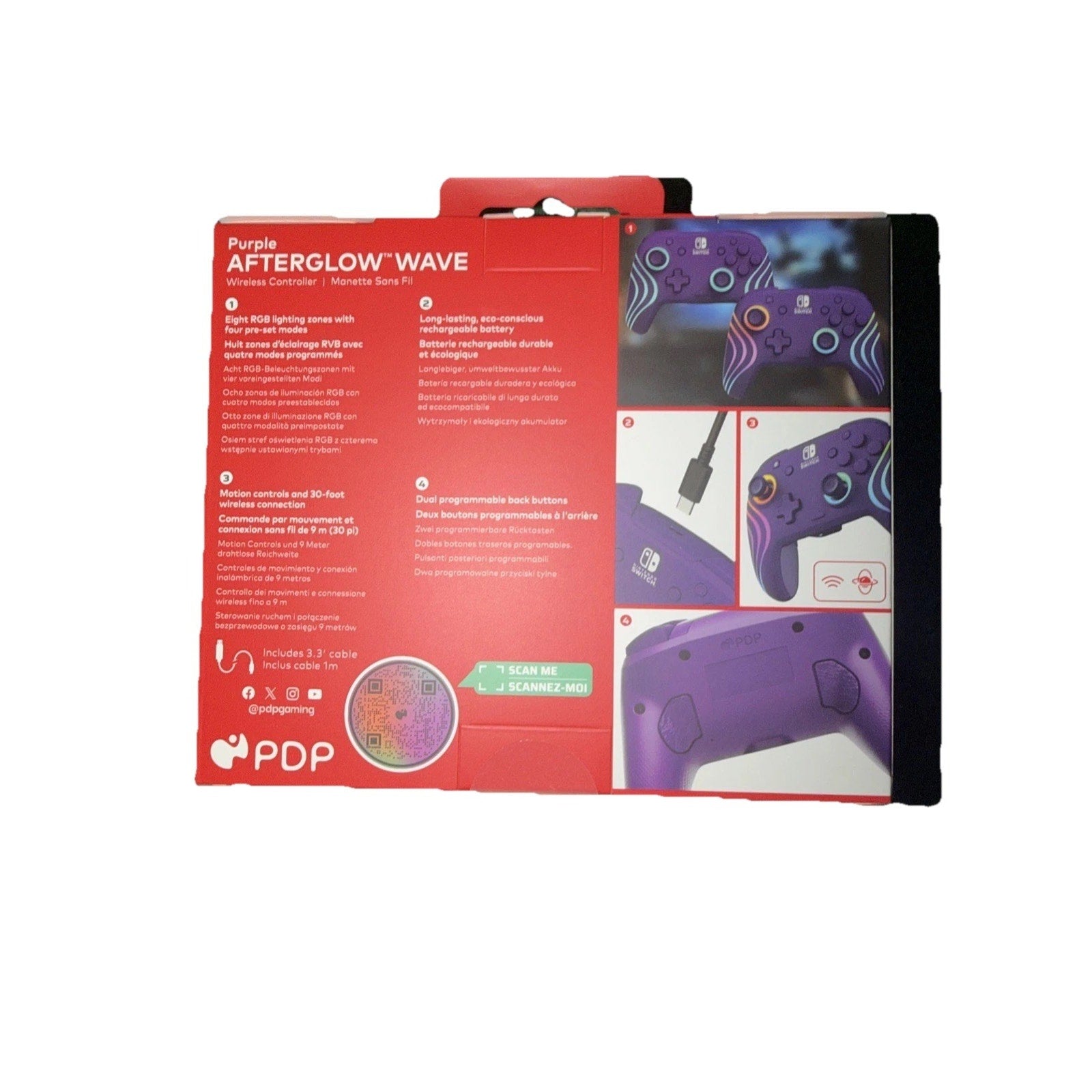 Retail packaging box for a purple Afterglow Wave wireless controller featuring images of the controller design, product features, and compatibility information on a red and black background.