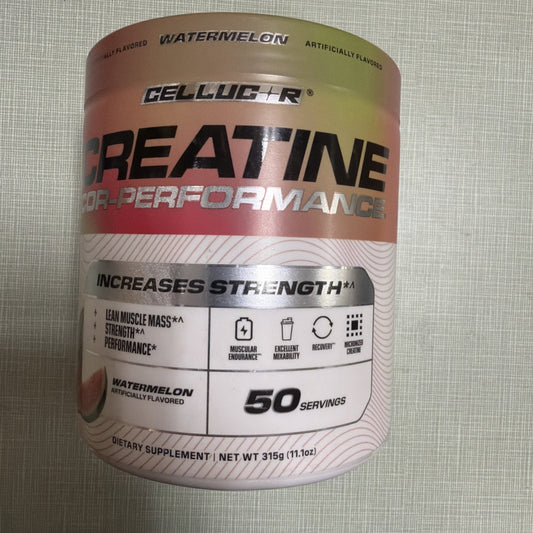 Container of watermelon-flavored creatine supplement with label highlighting strength increase, lean muscle support, 50 servings, and benefits like muscular endurance and recovery.