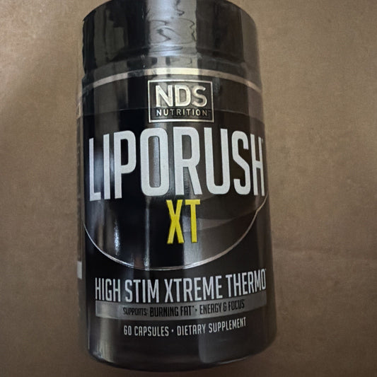 Black cylindrical container of LipoRush XT dietary supplement by NDS Nutrition, labeled as a high stimulant extreme thermo with 60 capsules for fat burning, energy, and focus.