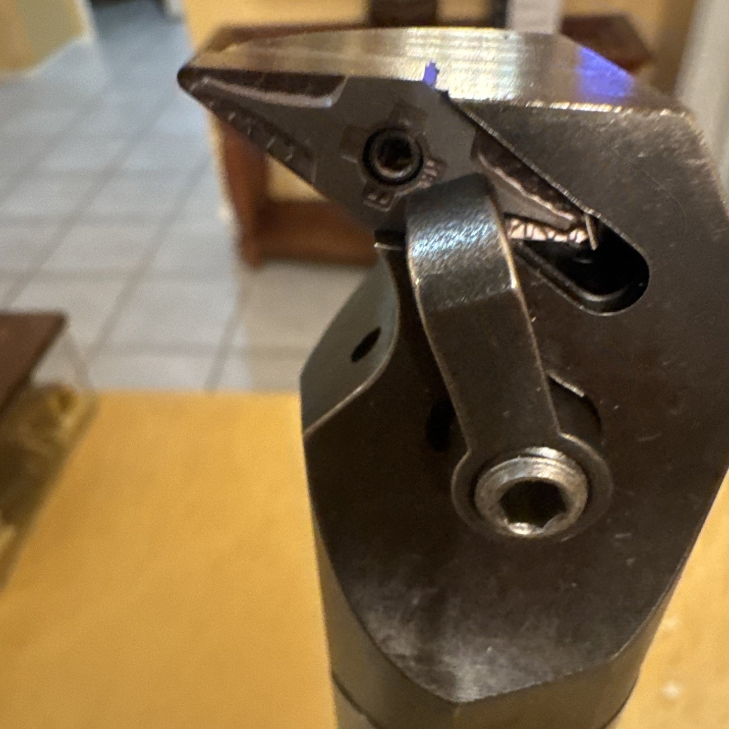 Close-up view of a dark metal tool head featuring a pointed cutting tip secured by a small screw and an attached curved lever, set against a blurred indoor background.