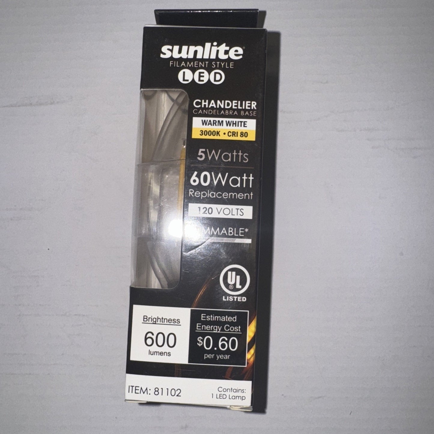 Sunlite filament style LED bulb 5 watts 600 lumens warm white 3000K chandelier candelabra base packaging box