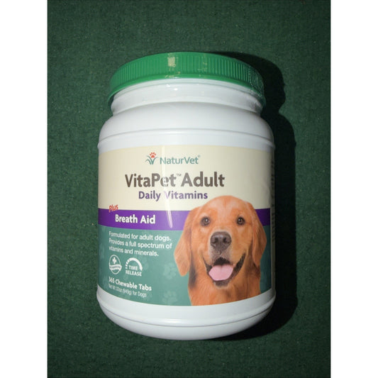 White plastic container with a green lid labeled NaturVet VitaPet Adult Daily Vitamins plus Breath Aid, featuring an image of a golden retriever and text about chewable tabs for adult dogs.