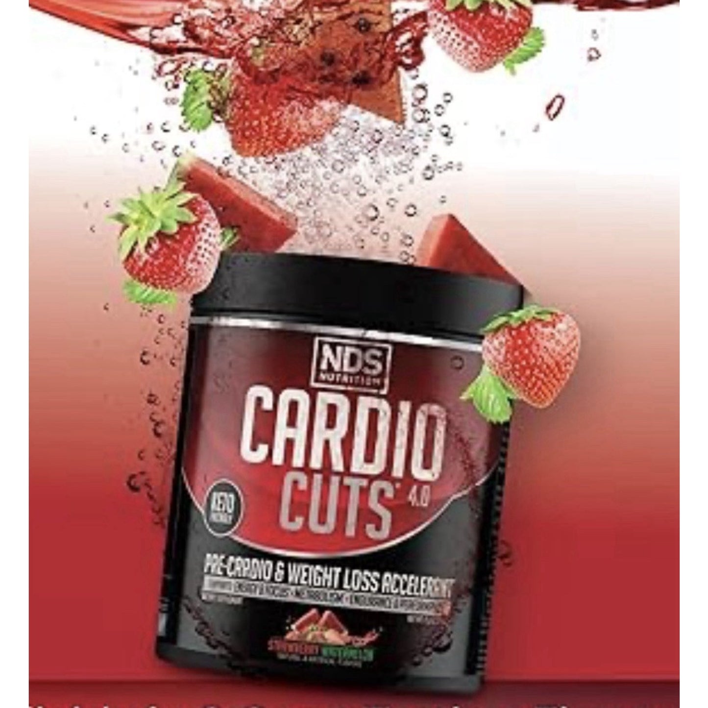 Black container of NDS Nutrition Cardio Cuts pre-cardio and weight loss accelerator supplement surrounded by splashing strawberries and red fruit pieces against a red gradient background.