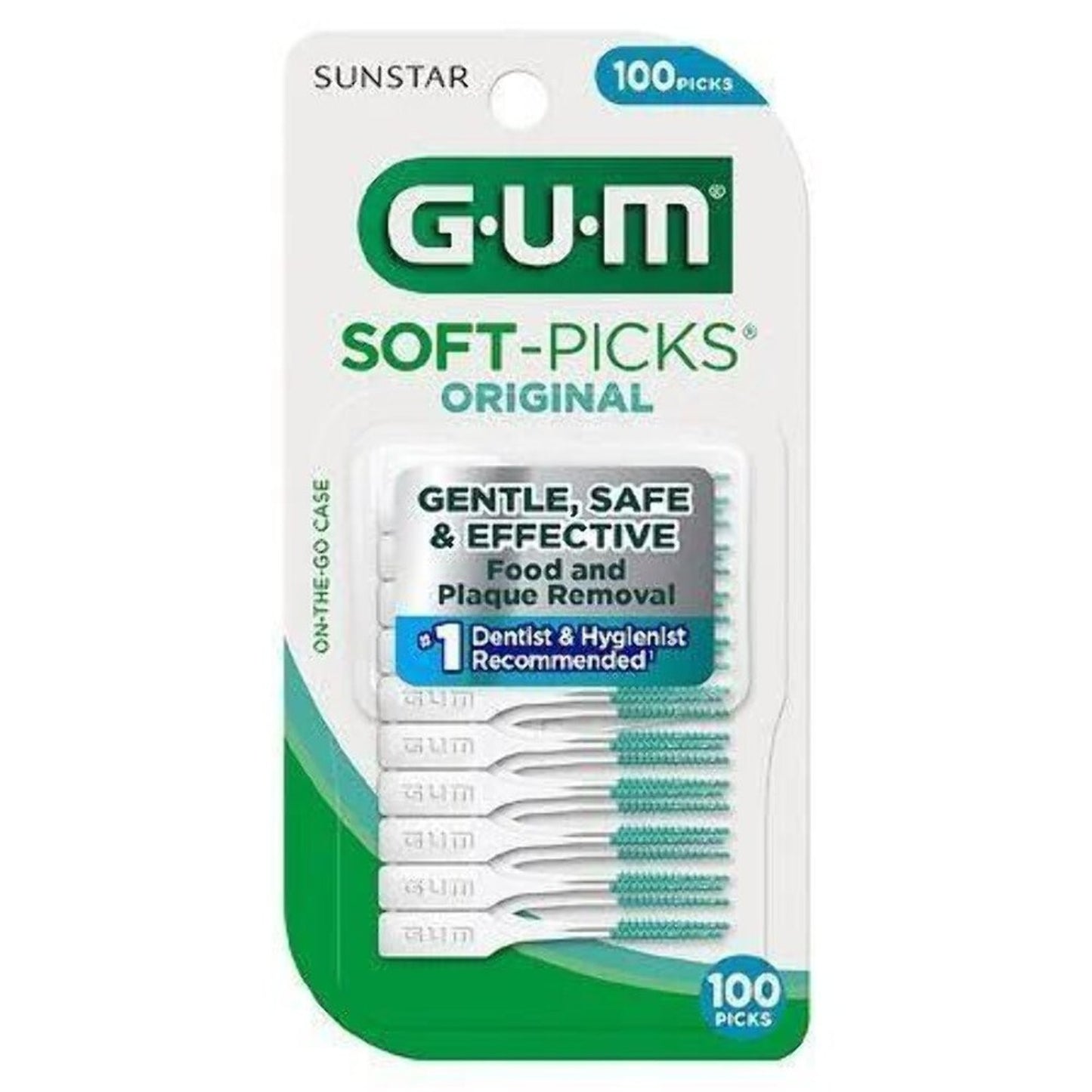 Package of GUM Soft-Picks Original dental floss picks with 100 green-tipped, flexible bristle picks in a white plastic eco-friendly case for gentle and effective plaque removal.